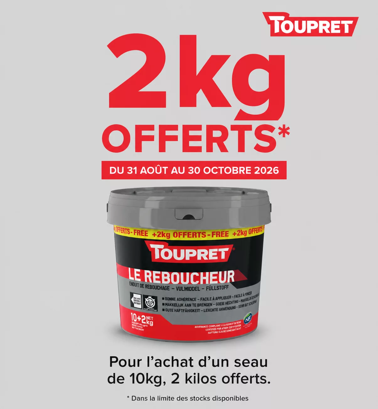 Seau Toupret Le Reboucheur avec 2 kg offerts, promotion du 31 août au 30 octobre 2026