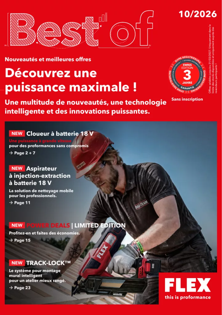 Couverture Best of FLEX octobre 2026 : professionnel utilisant un cloueur à batterie 18 V