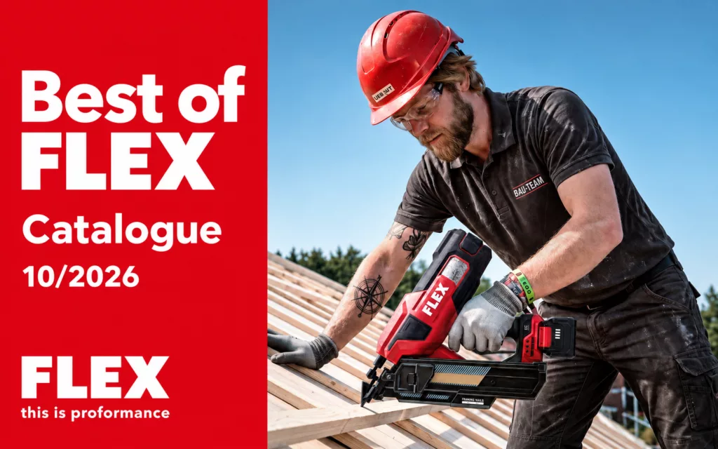 Catalogue Best of FLEX 10/2026 : professionnel utilisant un cloueur à batterie 18 V, bannière paysage