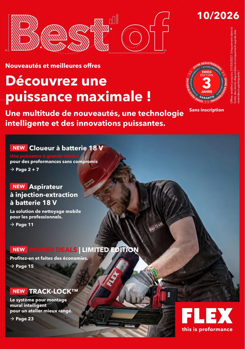 Couverture Best of FLEX octobre 2026 : professionnel utilisant un cloueur à batterie 18 V