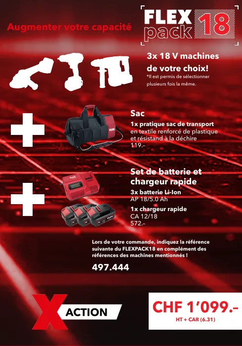 Offre Flex Pack 18 V : trois machines au choix, batteries, chargeur rapide et sac de transport
